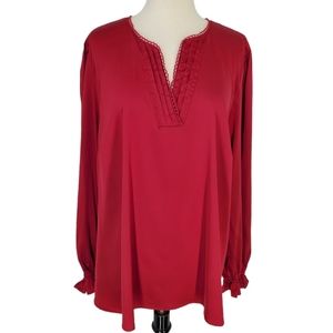 Flower & Feather Split Neck Longsleeve Deep Red Satin Top Blouse NWT Sz 2X